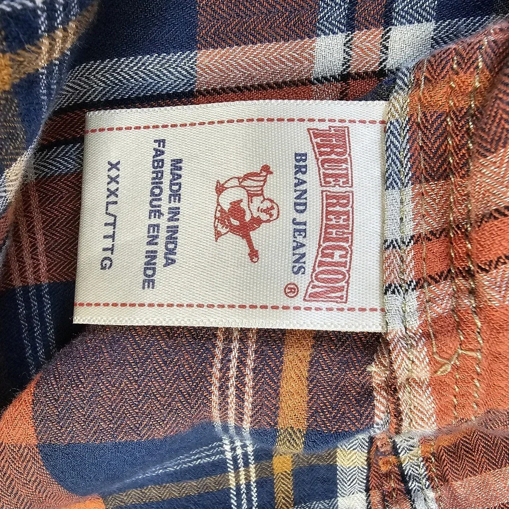 True Religion Mens Large Plaid Western Snap Button Cowboy Shirt Navy Orange EUC